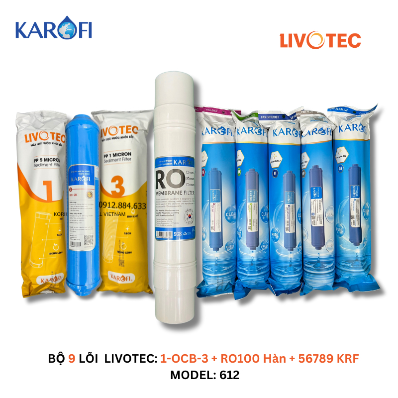 Bộ 10 Lõi Lọc Nước Livotec Karofi Thay Thế Cho Model Livotec 612 (12OCB3 - RO100 Hàn - 556789)