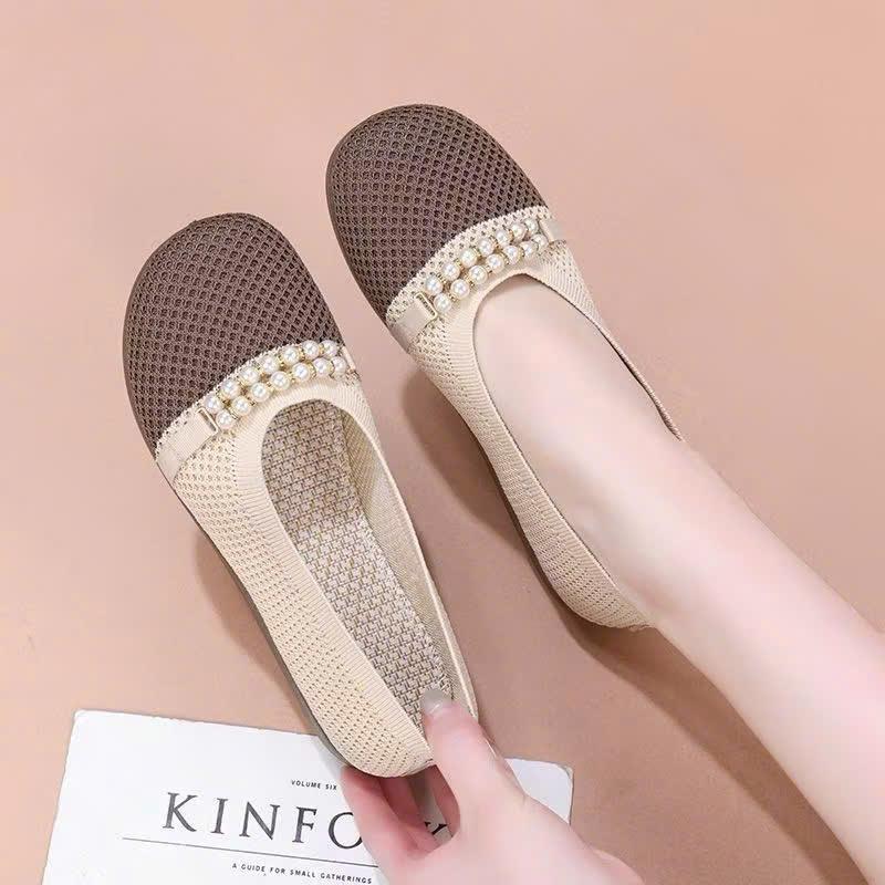 Giày Nữ Búp bê Đế Bệt Giày Lười Thoải Mái Thời Trang Nhẹ Chân Thoáng Khí Phối Ngọc 1980 BUBENO