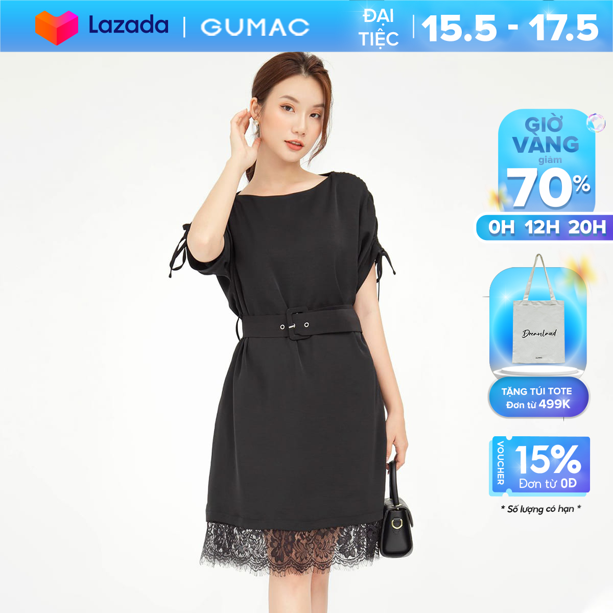 [15 - 17.5 | TẶNG QUÀ đơn từ 499K] Đầm nữ suông ren phụ kiện GUMAC mẫu mới DB562 Chất Liệu Đũi form hơi rộng style thanh lịch