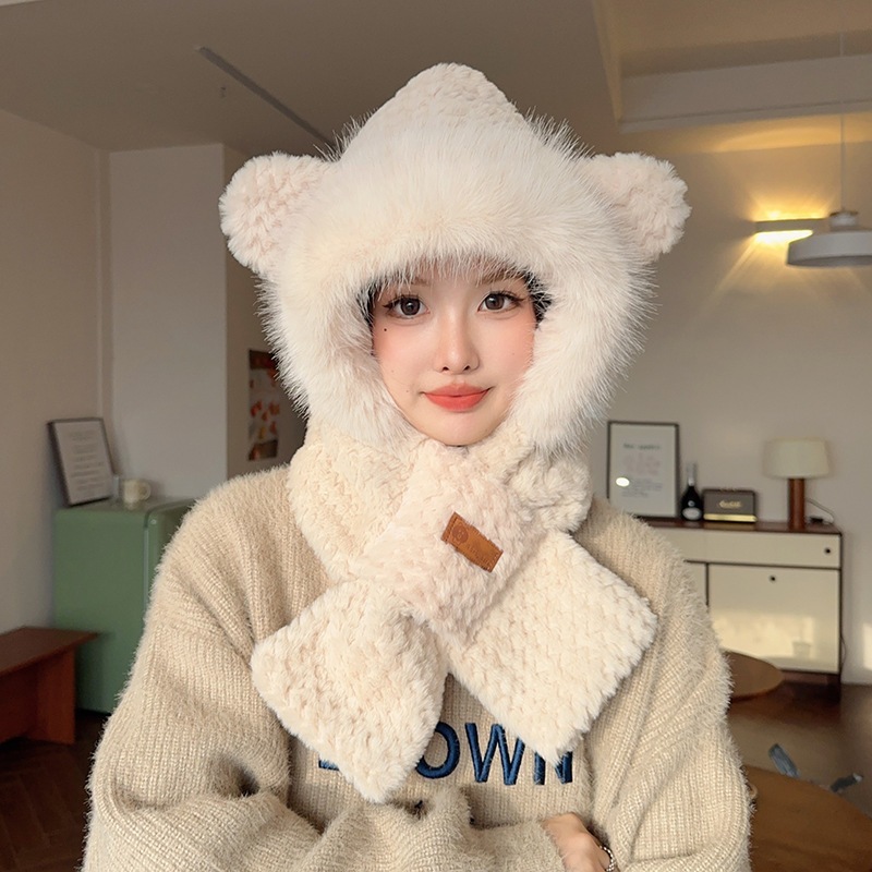Mũ lông cừu nữ len tai gấu giữ ấm mùa đông nón len nữ tai mèo kèm khăn quàng cổ đẹp thời trang hàn quốc