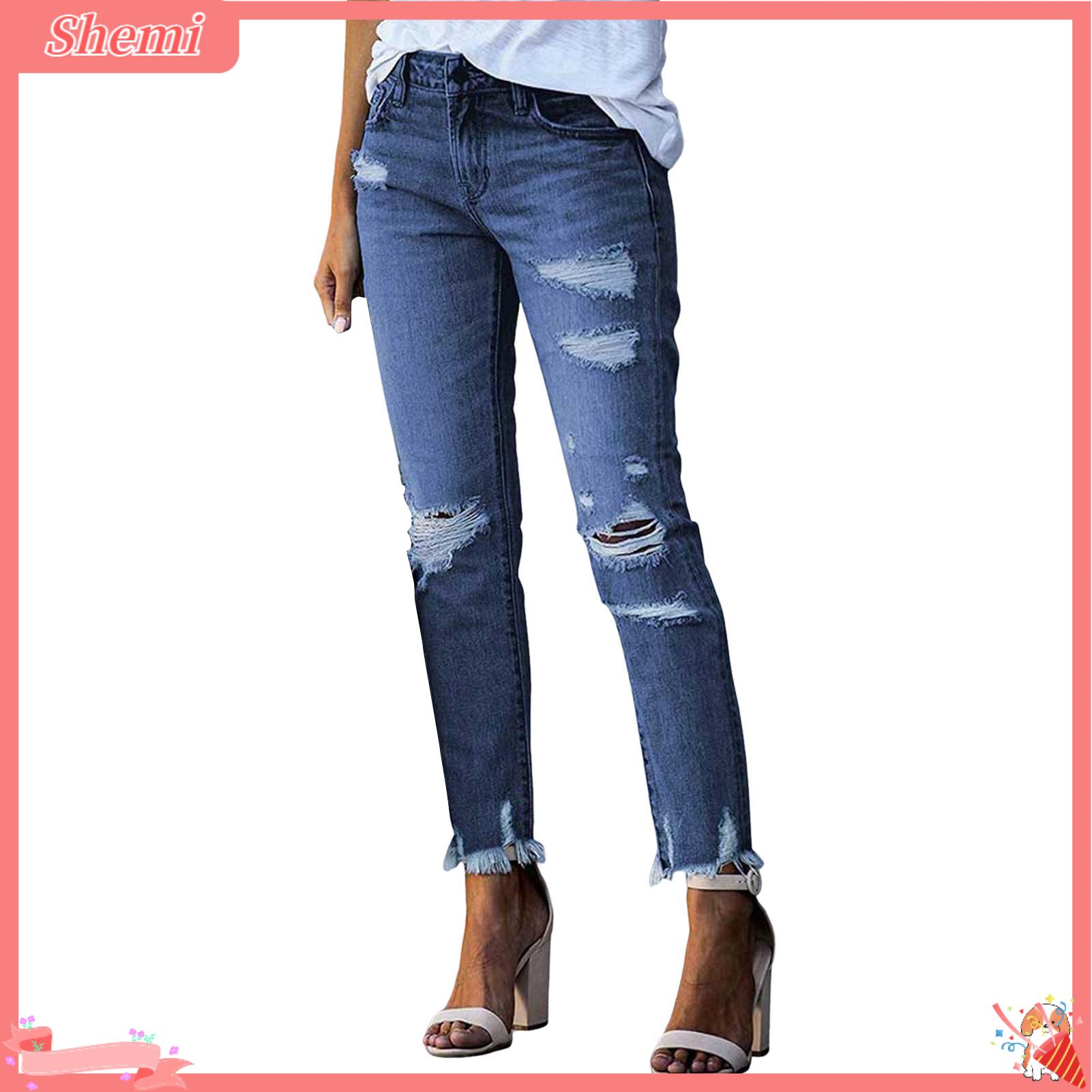 Shemi quần jean cắt gấu phong cách của phụ nữ rách bó sát jeans-Mid Rise Denim rách quần có túi-ôm vừa Quần jean co giãn cho Đông Nam Á!