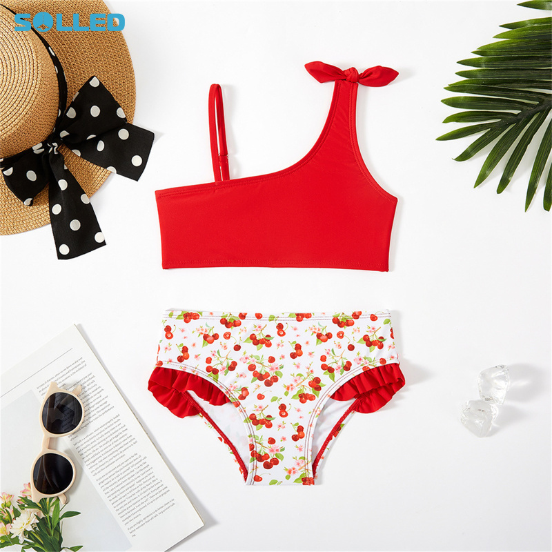 Toddler Girls Two Pieces Ruffle Bow Design One Shoulder Red Cherry Bathing Suit Infant Baby Girl Bikini For Indoor Outdoor Swimming Bathing ราคา 212 บาท*ส่งฟรี