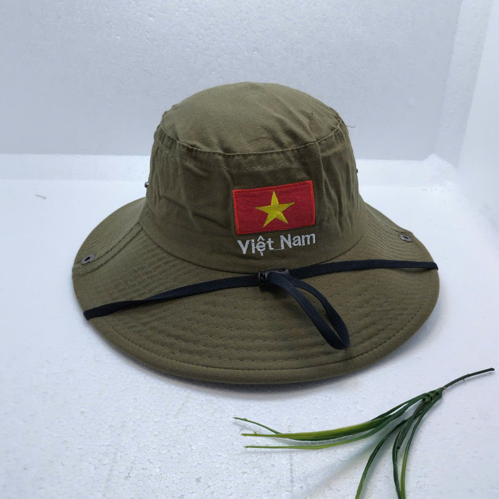 Hat with Embroidered Vietnamese Flag. Wide-Brimmed Hat for Men Working in the Fields Made of Kaki Fabric. - 6