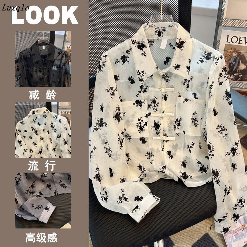 Luxqlo Floral Shirt Women Fashion Retro Chiffon Blouse Long Sleeve Casual Tops Thin ราคา 241 บาท*ส่งฟรี