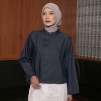 Mayoutfit.id Isolde Shirt | Kemeja Blus Atasan Denim Wanita Kerah Chiangi Aksen Kancing Cheongsam