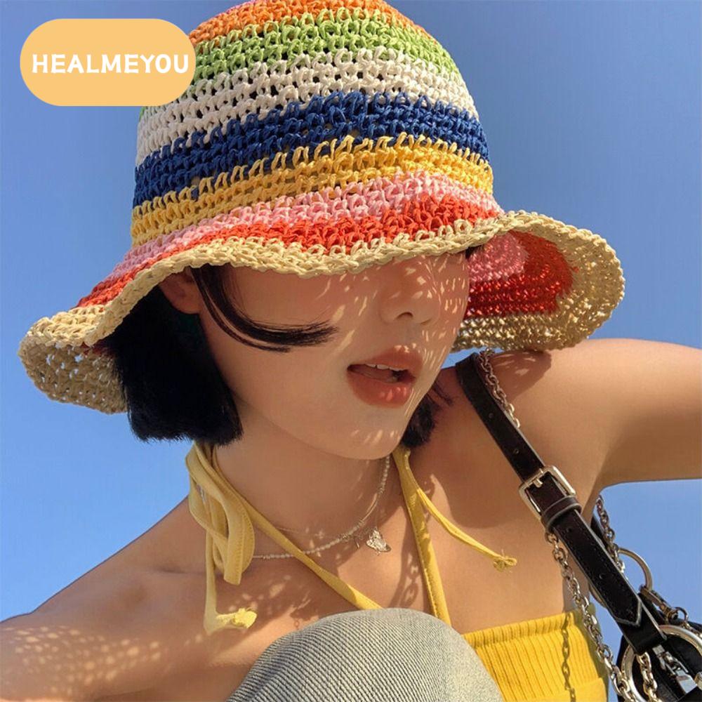 HEALMEYOU โครเชต์ถักโครเชต์ หมวกฟางสีรุ้ง ที่บังแดด ผ้าทอทอ หมวกชาวประมงชายหาด สง่างามเรียบหรู แถบลายทาง หมวกบักเก็ตกันแดด สำหรับผู้หญิง ราคา 153 บาท*ส่งฟรี