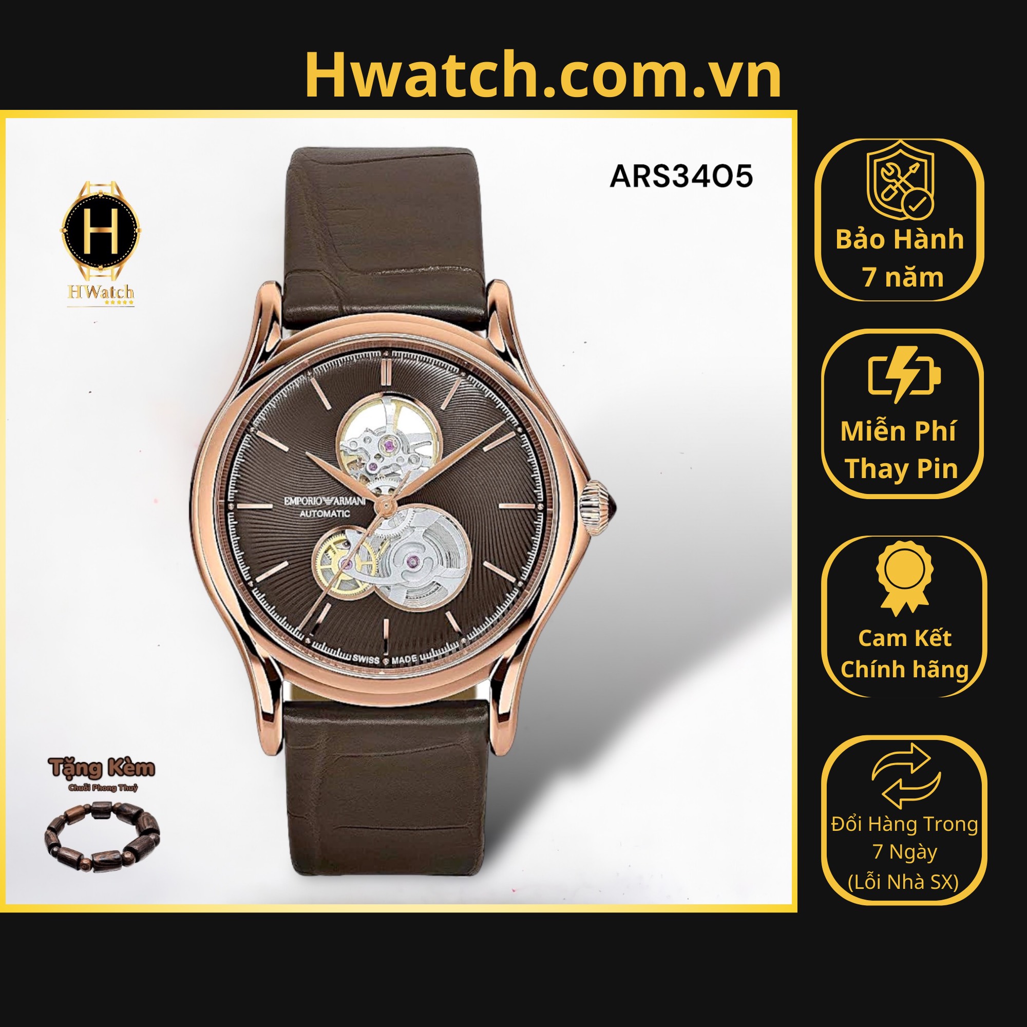 [Có sẵn] [Chính hãng] Đồng Hồ Nam Emporio Armani Automatic ARS3405 Dây Da Mặt Nâu Rose Gold-Tone Hwatch.com.vn