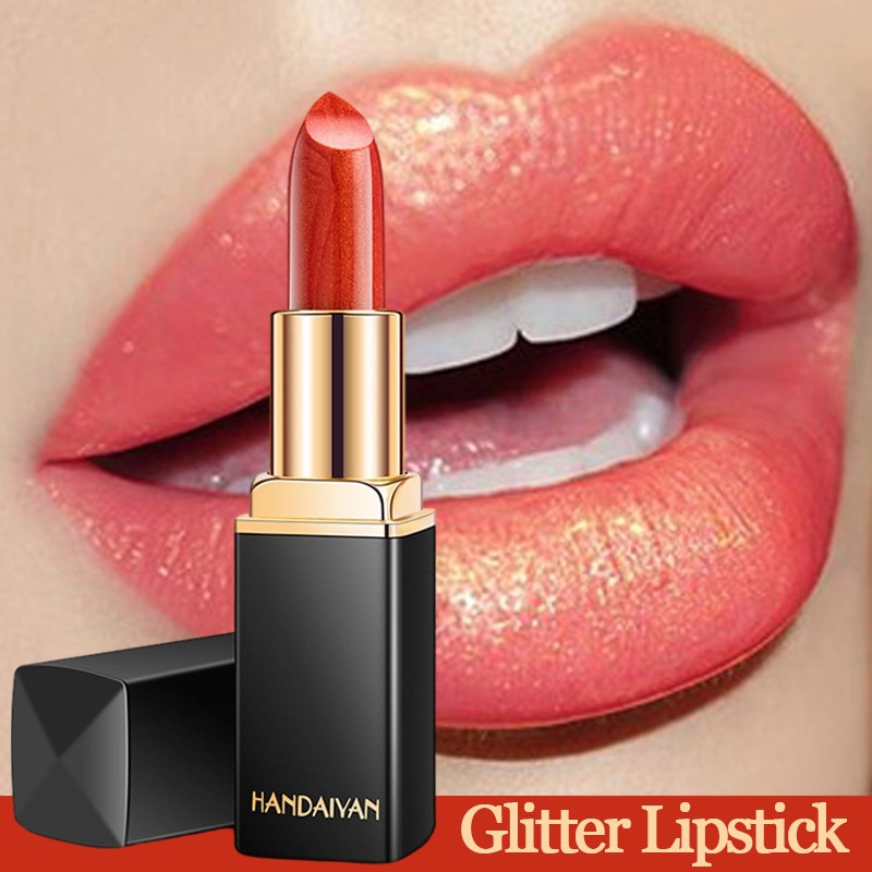 Handaiyan Waterproof Nude Glitter Lipstick Makeup Long Lasting Velve Red Sexy Shimmer Lip Stick Shiny Lipstick Makeup Cosmetics