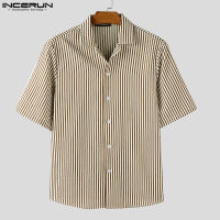 INCERUN Shirts For Man Striped Bubble Yarn Casual Style Blouse Short Sleeve Top (Korean Style) #250422