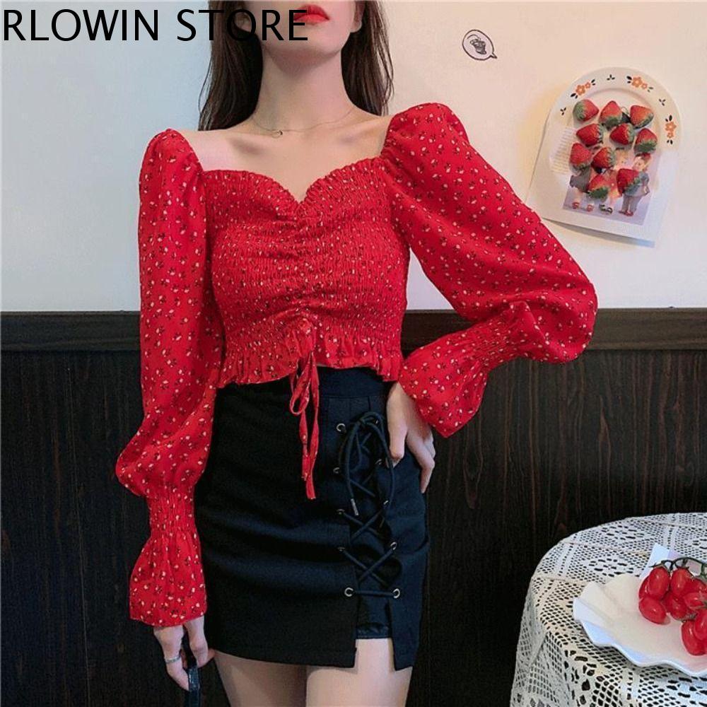 RLOWIN Diềm Xếp Nếp Áo voan hoa Cổ Vuông Hoa Áo sơ mi cổ một dòng Ngọt ngào Áo phông Áo tay phồng dài Nữ/Nữ