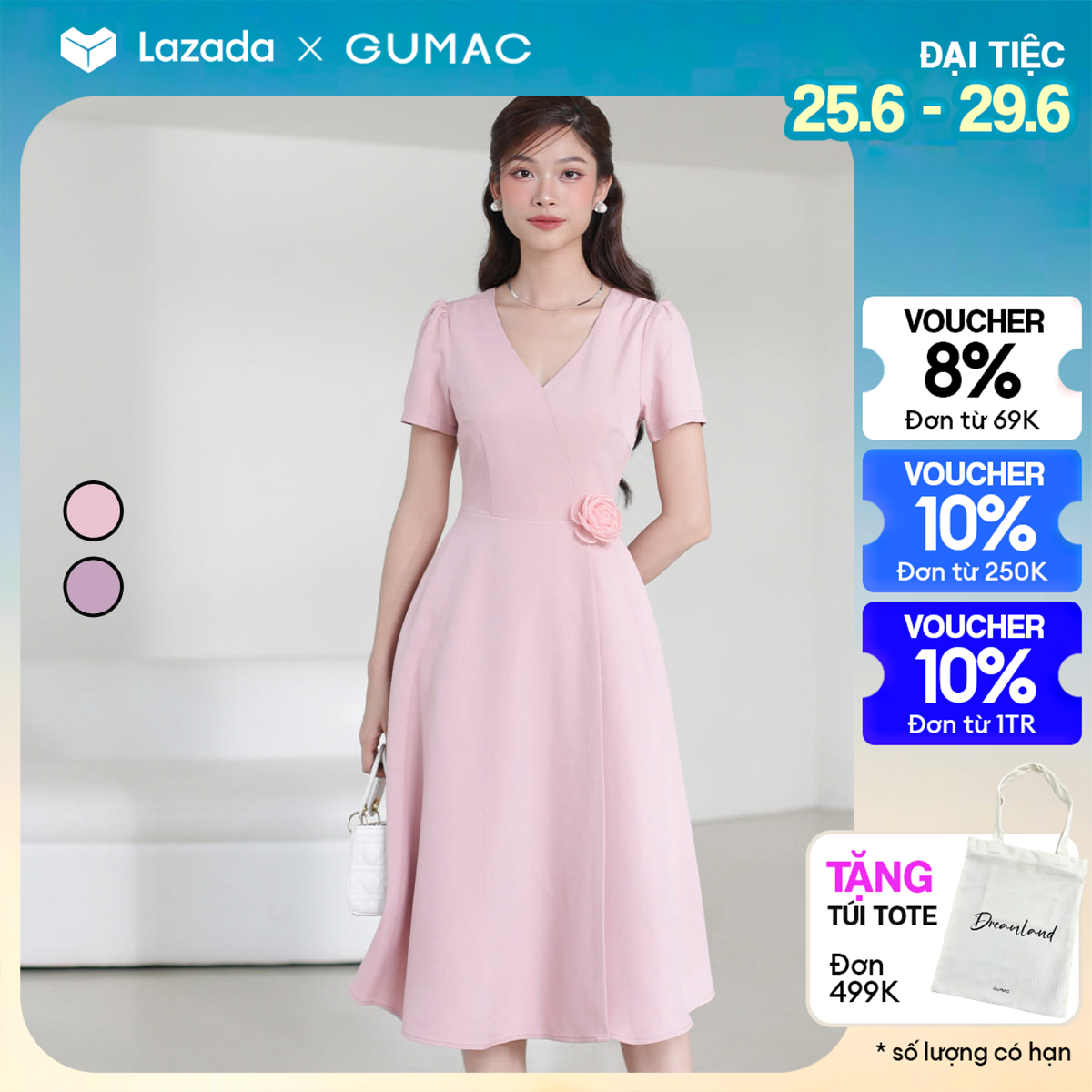 [25 - 29.6 |Voucher 8-10%] Đầm A xòe cổ V thời trang GUMAC DE03017
