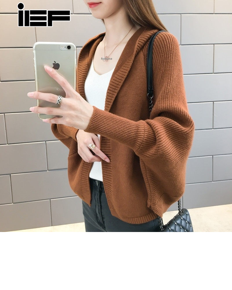 Ief phong cách Hàn Quốc có mũ đan cardigan nữ dáng rộng thời trang mùa thu Áo len mặc ngoài giản dị