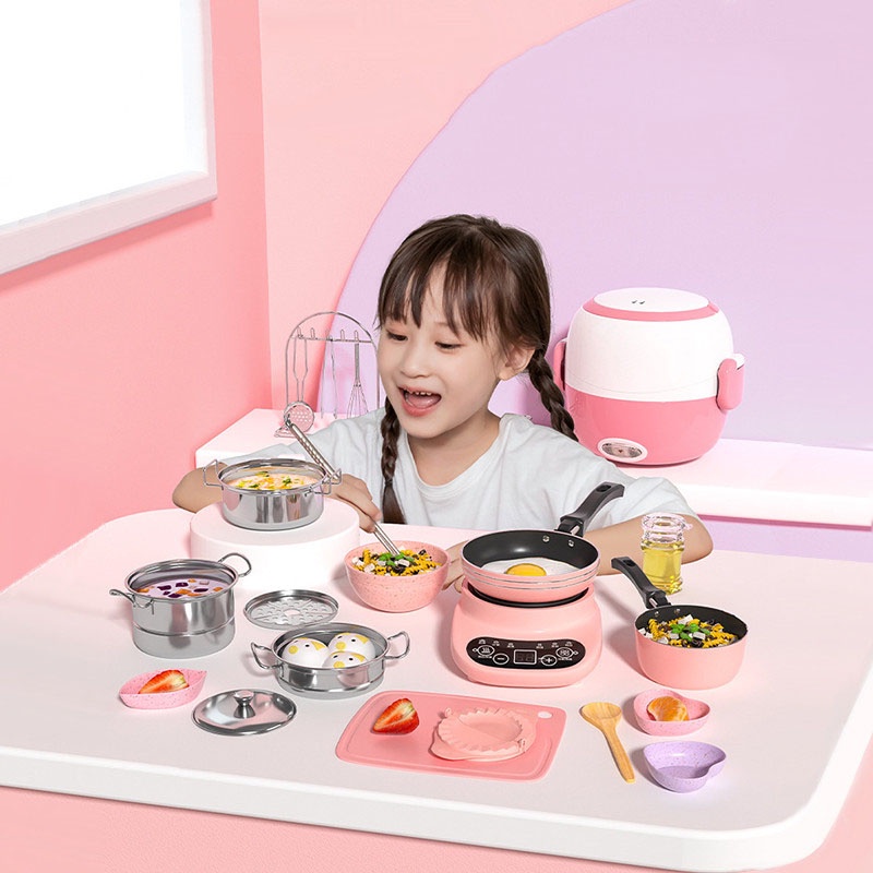 Hàng sẵn đồ chơi nấu ăn thật trọn bộ cho bé 55 chi tiết màu hồng/xanh ngọc, đồ chơi mô phỏng nhà bếp mini nấu ăn thật