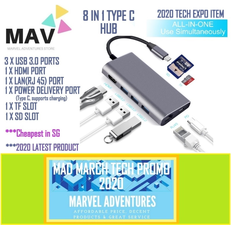 *2020 LATEST & CHEAPEST IN SG* 8 IN 1 TYPE C HUB PREMIUM SOLID GRAY METAL CASING WITH 3.0 USB, HDMI, LAN, POWER DELIVERY(TYPE-C), TF & SD CARD PORTS & SLOTS
