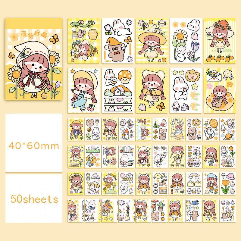 50sheets Cute Cartoon Sticker Book Girls Journal Hand Account Material DIY Scrapbook Sticker