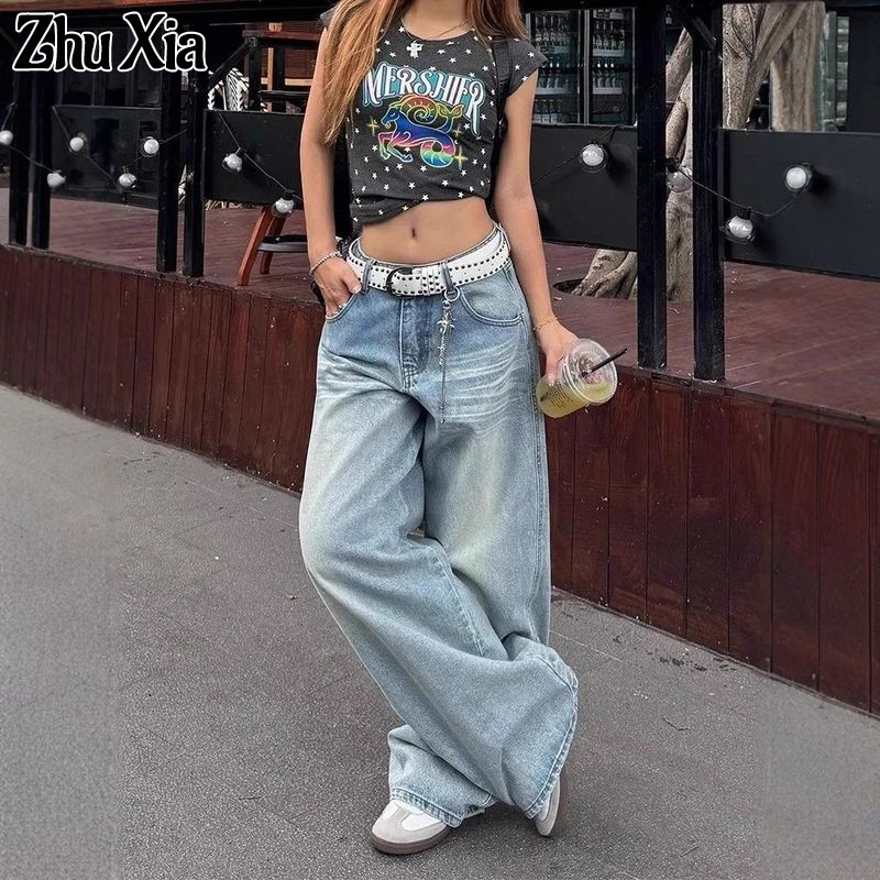 Zhu Xia Quần bò ỐNg RộNg cạp cao Retro Kiểu Mỹ có túi thêu, vải denim vừa rộng và Nước giặt cho nữ