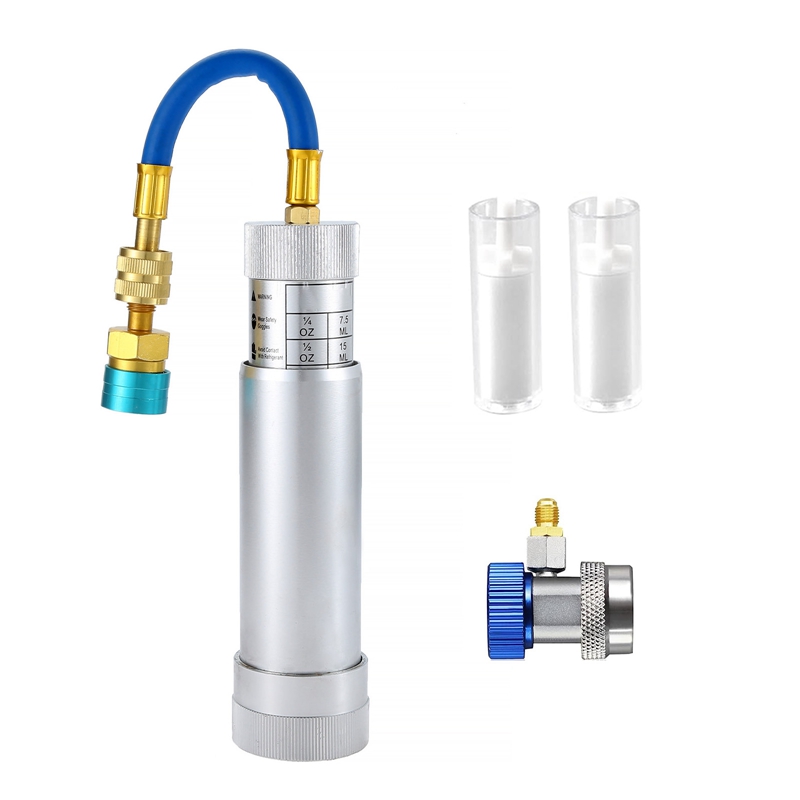 (ERMB) 134A Oil Dye Injector Kit A/C Refrigeration Oil Filling and Replenishing Cylinder + 2 Quick Couplers 2 Oil Checkers
