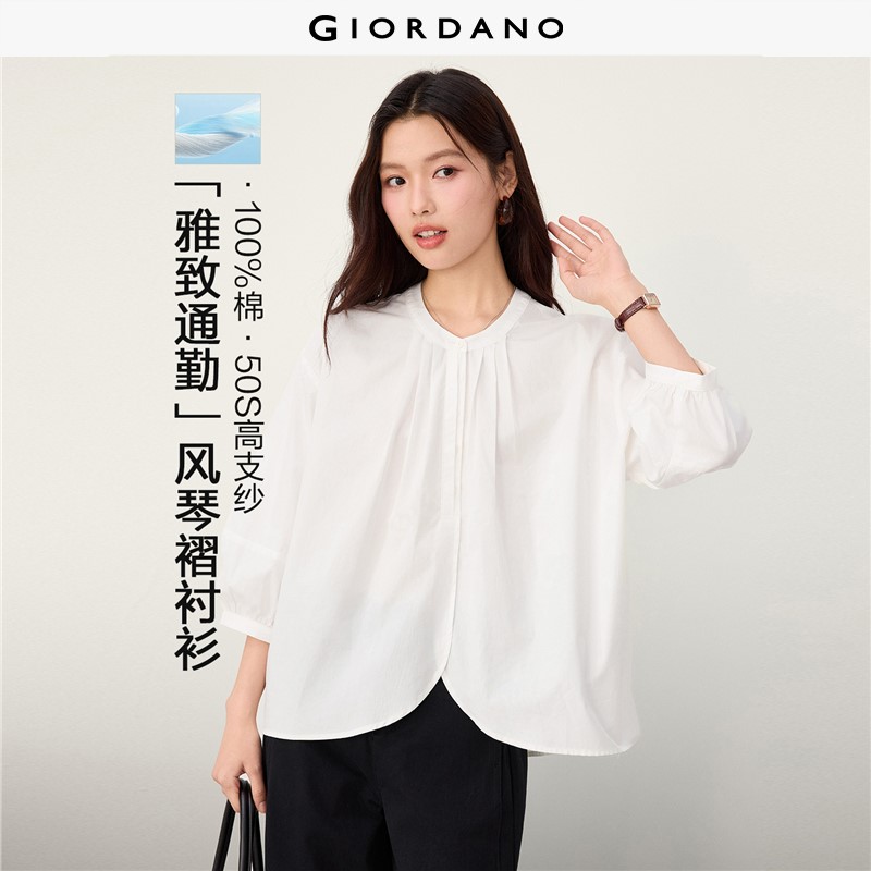 GIORDANO Women Blouses Pleated Round Neck Cotton Blouses 3/4 Sleeve Curved Hem Fashionable Casual Loose Blouses 13346618