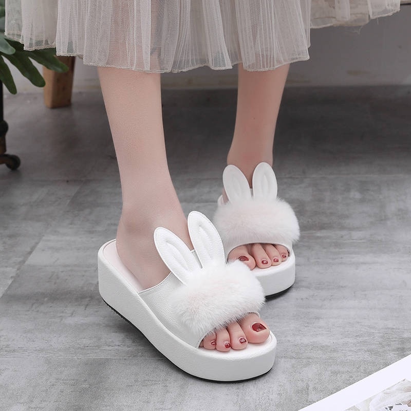 Dép bông Dép lông Dép Quai Ngang Đế Dày Đính Tai Thỏ Phối Lông Dễ Thương Thời Trang Mùa Hè Chống Trượt Cho Nữ V911