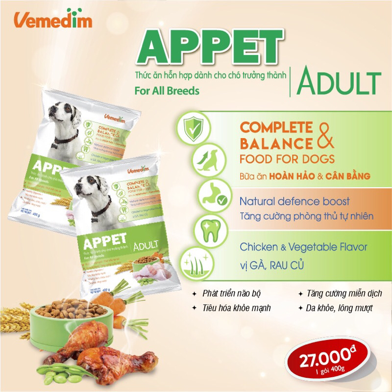 APPET Vemedim thức ăn hạt hỗn hợp cho chó lớn vị gà rau củ gói 400g