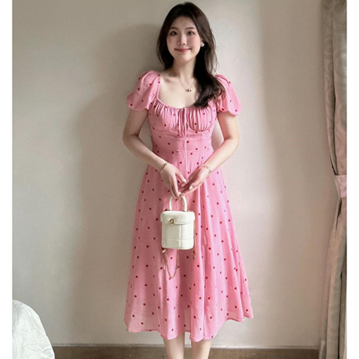 ชุดเดรสยาวลายดอกไม้ฝรั่งเศสแขนสั้นเอว TM079206LYQ ราคา 499 บาท*ส่งฟรี