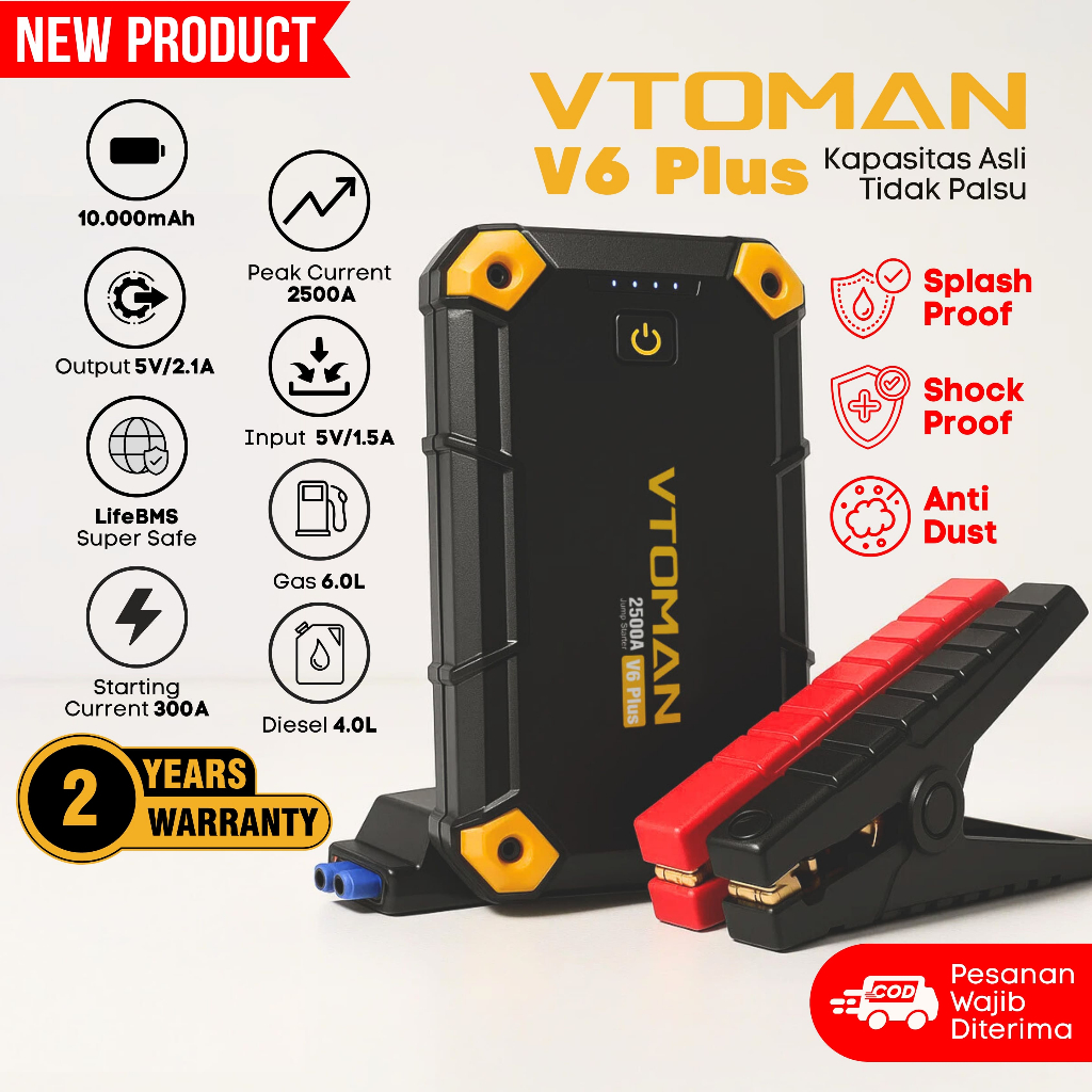 VTOMAN V6 PLUS 10000 mAh Jump Starter Aki Mobil Motor Power Bank Jumper Aki Alat Jamper Aki Harga 115,000 rupiah*Gratis Ongkir