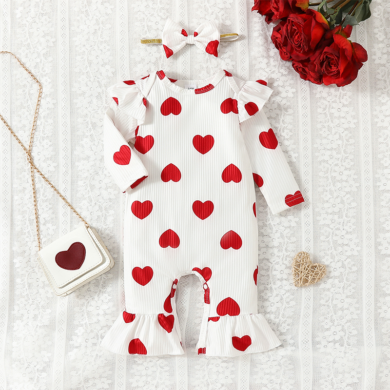 Heartandsoul- 0-18M Cute Baby Girls Valentine Day Jumpsuit Long Sleeve