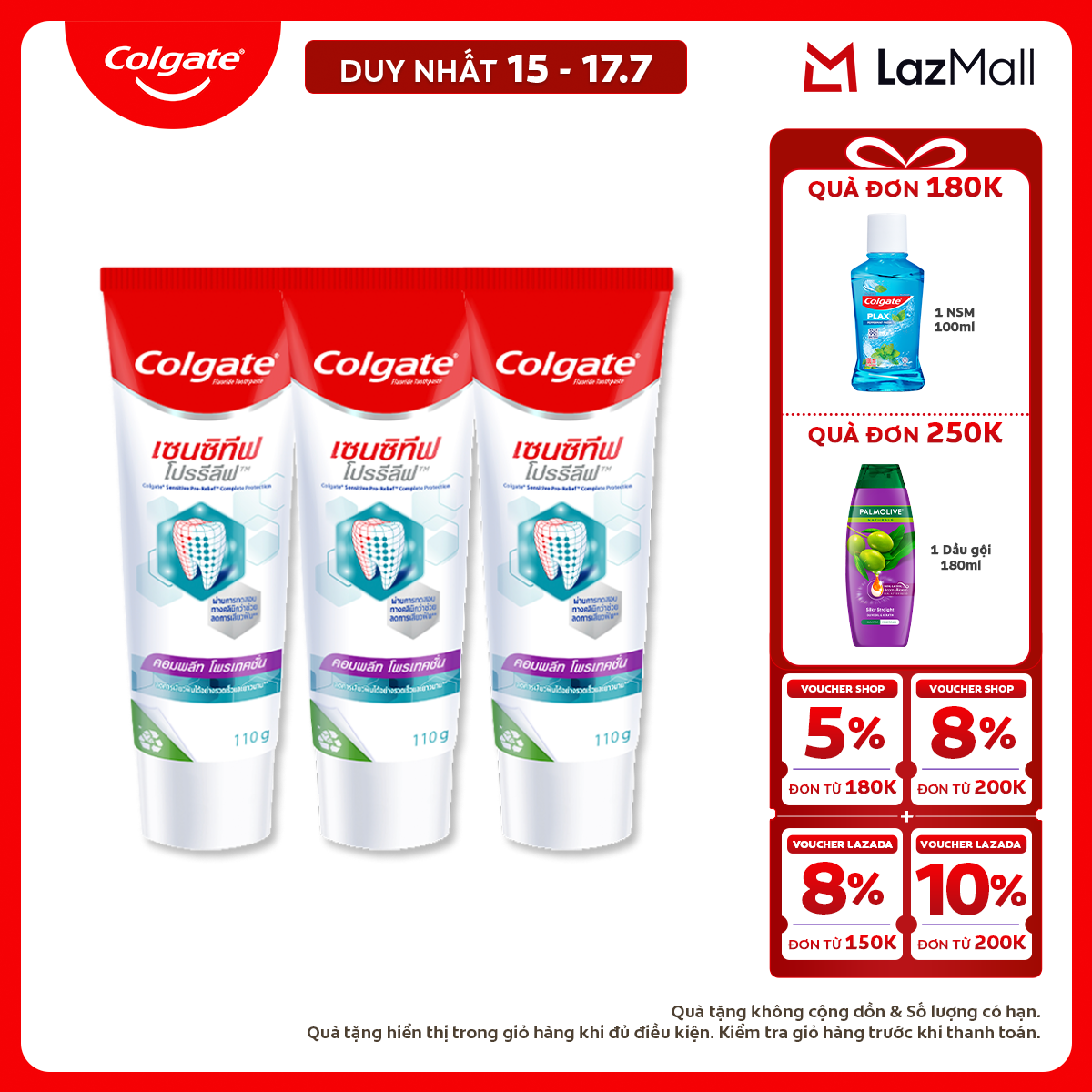 [Chỉ 15-17.7_X2 Voucher giảm đến 18%] Bộ 3 Kem đánh răng Colgate Sensitive ngăn ê buốt và bảo vệ toàn diện dành cho răng nhạy cảm 110gx3