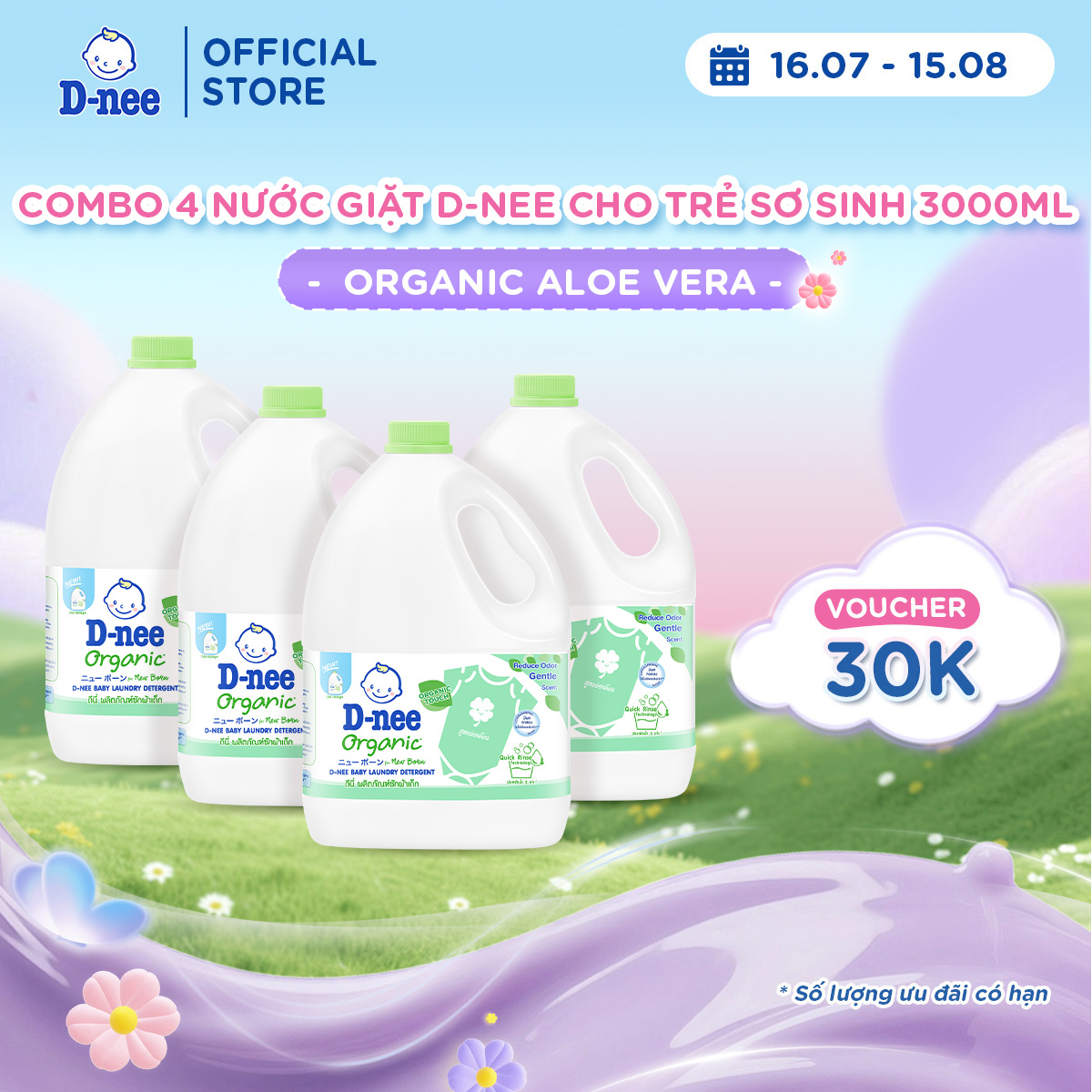 Combo 4 Nước giặt quần áo D-nee 3000 ML - Organic Aloe Vera