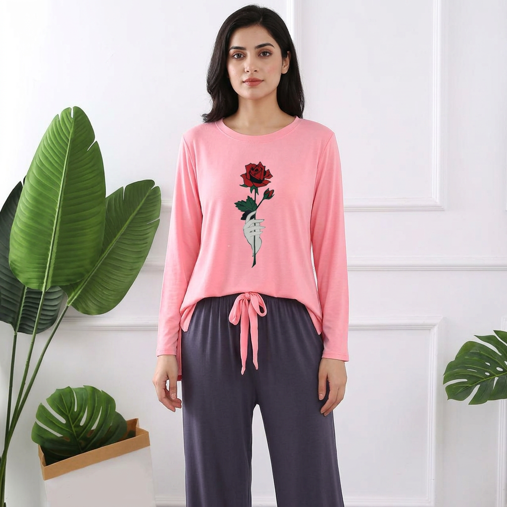 Red Rose 2 Piece Full Sleeves Lounge Wear Night Suit with Extra Wide Pajamas - Stylish Sleepwear Set For Women & Girls, Premium and Comfy stuff for all season dress for women, nght wear, long t-shits top tank, trouser, pajama