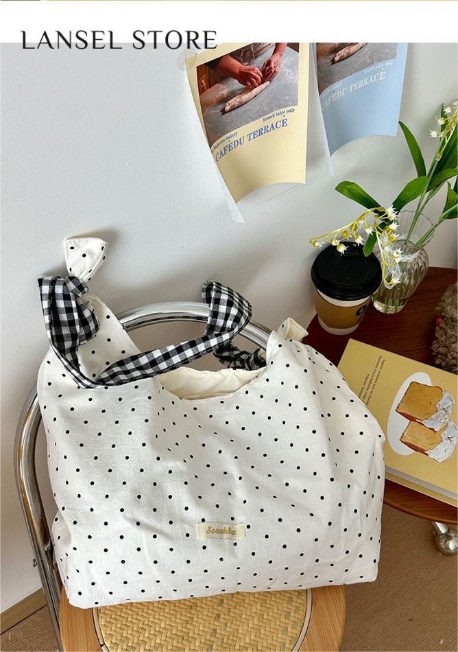 Women's single shoulder bag polka dot canvas bag Women's large capacity bag college student class canvas bag niche crossbody bag