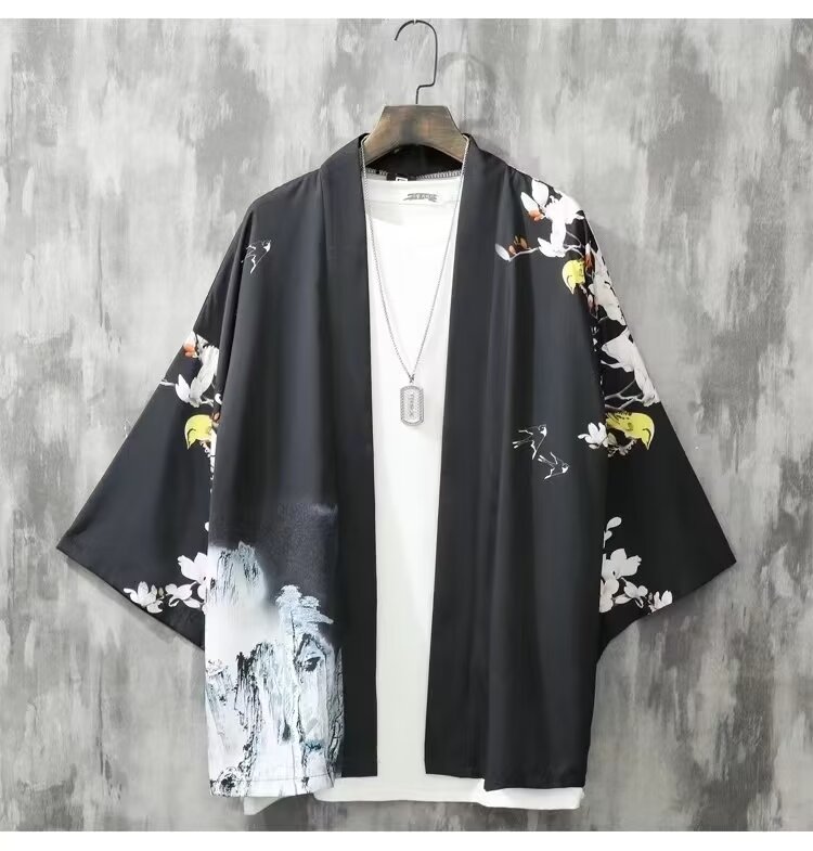 Áo Choàng Phong cách Trung Quốc nam mùa hè mỏng rộng hoa mận hình chim màu vàng in Áo Cardigan Kimon
