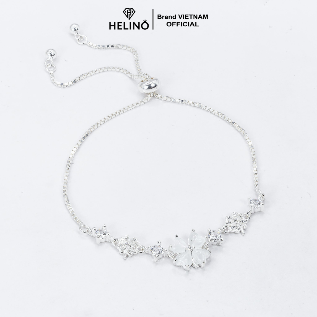 Lắc tay bạc nữ HELINO dây rút cỏ bốn lá đính đá mắt mèo cao cấp trang sức cá tính V18