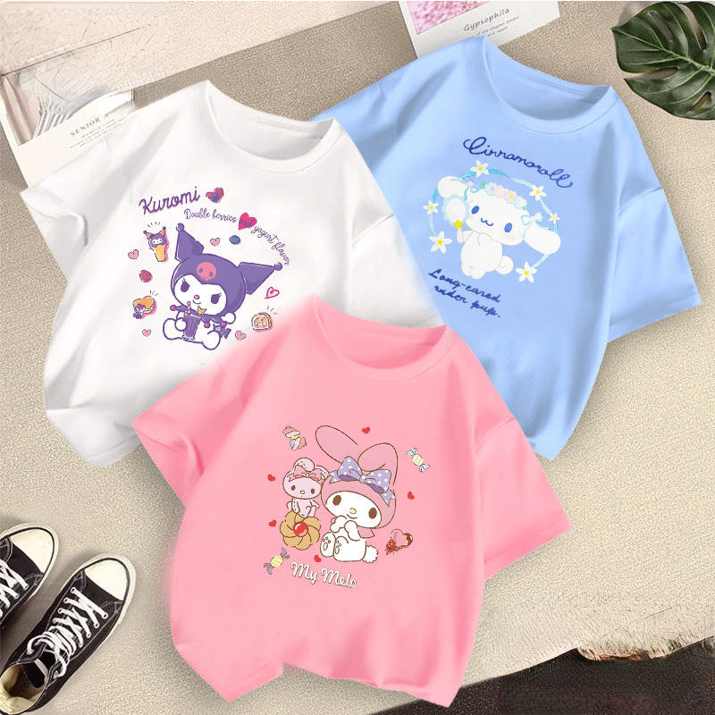 3 chiếc áo Áo thun tay ngắn cotton nguyên chất cho bé gái Sanrio Kuromi cinnamoroll mùa hè áo trẻ em