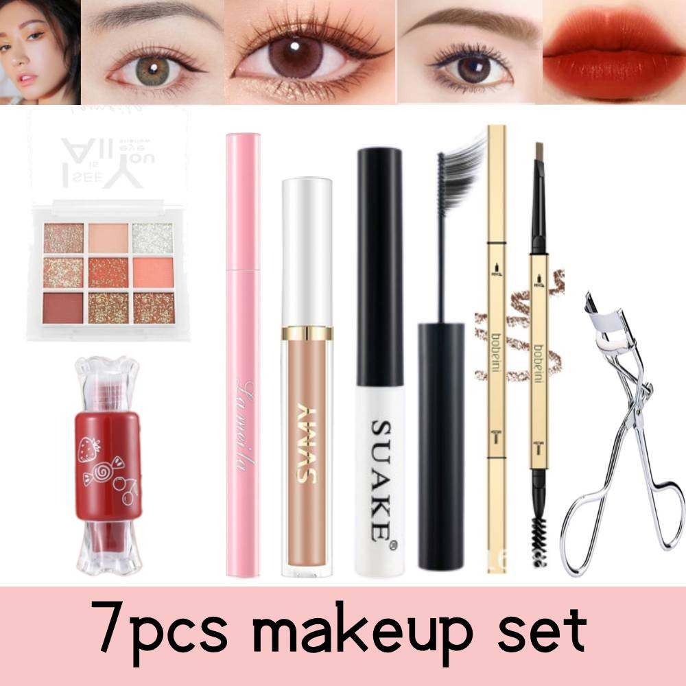Lorzi 7 sản phẩm Mascara bộ trang điểm không thấm nước + Bảng Phấn Mắt + kẻ mắt + Son môi + Kem che khuyết điểm + Bút chì kẻ lông mày + bộ hoàn chỉnh trang điểm kẹp bấm mi