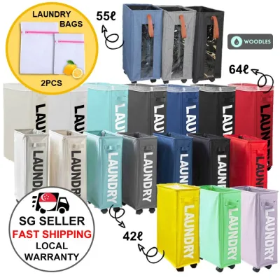 [SG Ready Stock] Woodles Laundry Basket Hamper★42L 55L 64L Capacity★4-Wheel Foldable Slim Durable Lockable Waterproof Oxford★All Purpose Storage Clothes Toys★Turquoise Beige Grey Blue Black Red★Local Shipping & Warranty