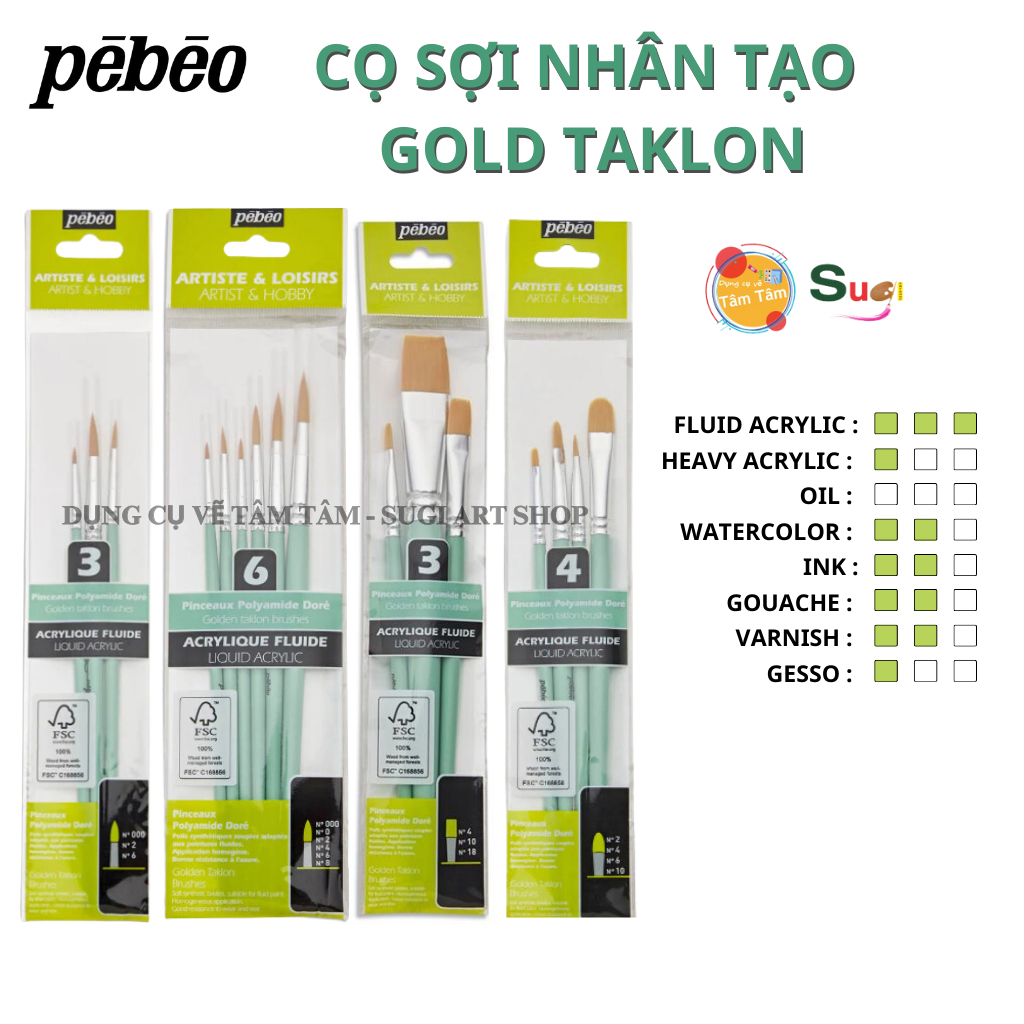 Bộ cọ pebeo phù hợp vẽ màu acrylic, gouache , gesso ,... , sợi nhân tạo gold taklon - 9523
