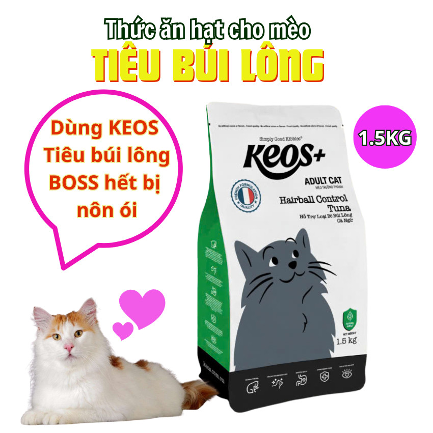 Hạt thức ăn cho mèo KEOS+ Tiêu đào thải búi lông túi 1.5kg hương vị cá ngừ