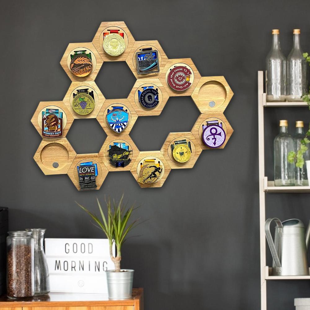 Premium Medal Display Stand with Hexagonal Honeycomb Pattern for Trophy and Achievement Showcase