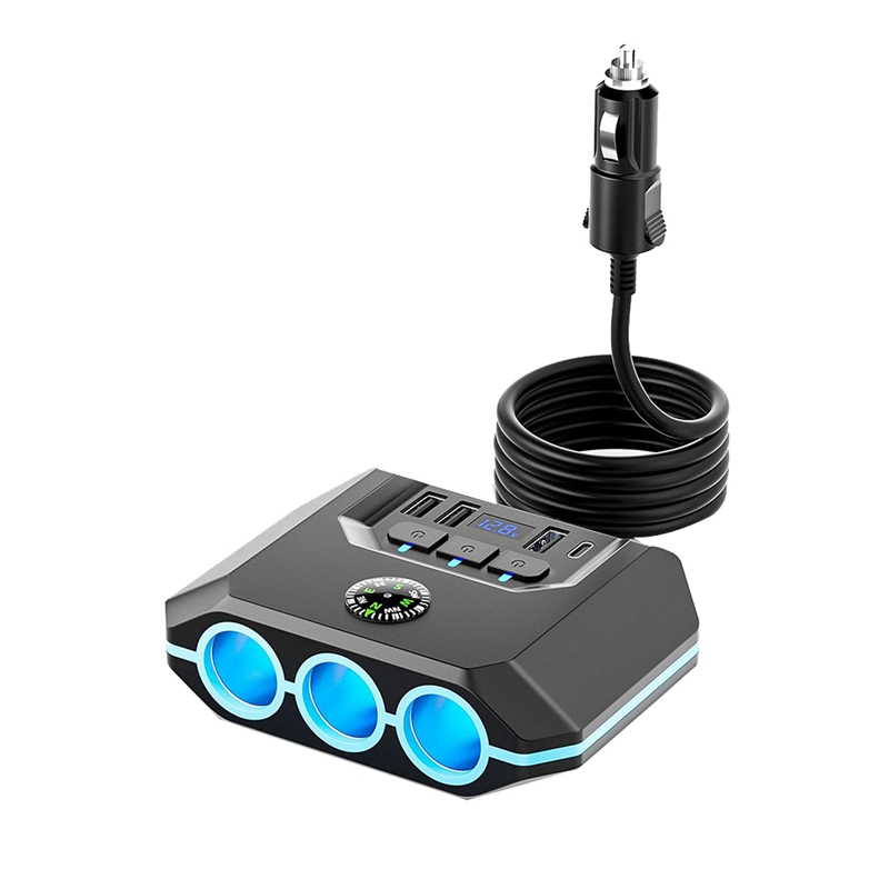 7 in 1 Car Charger, Splitter Adapter 4 USB Ports with Switch LED Voltage Display for All Car Devices Durable Easy Install Easy to Use