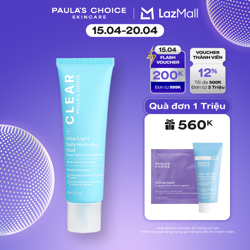 Kem chống nắng dạng sữa siêu nhẹ dành cho da mụn Paula’s Choice Clear Ultra Light Daily Fluid SPF 30 60 ml 6130