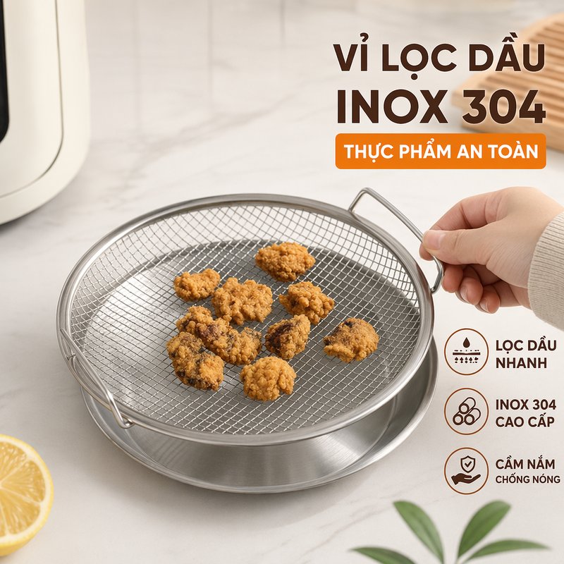 Khay lọc dầu inox Vỉ lưới inox 304 cấp thực phẩm dày dặn quai chống nóng chân đế bảo vệ bàn bếp dễ vệ sinh lọc ráo dầu thoát nước đặt thức ăn chiên dùng lò nướng nồi chiên không dầu 22 24 26