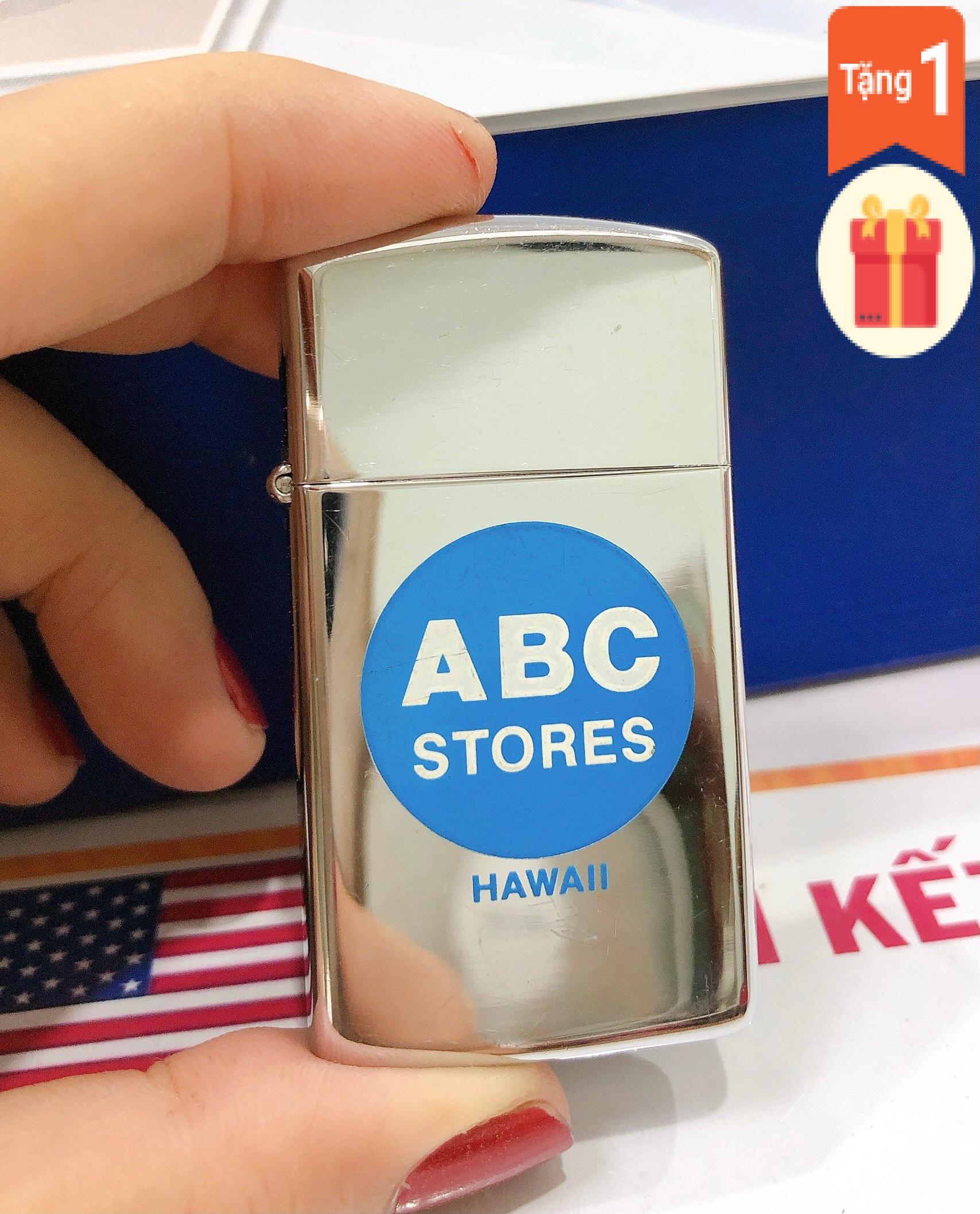 Bật lửa Zippo Mỹ Slim high polish chrome khắc ăn mòn đổ sơn ABC Stores Hawaii, sản xuất 1995, Hàng chính hãng