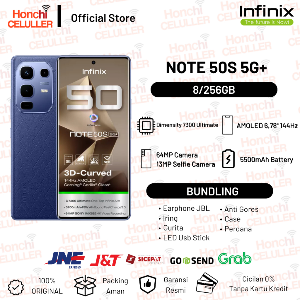 Infinix Note 50S 5G+ 8/256GB - Up to 16GB Extended RAM - Dimensity 7300 Ultimate - 6.78” 3D Curved FHD+ Amoled - 64MP OIS - 5200 mAh - NFC Garansi Resmi Harga 3,399,000 rupiah*Gratis Ongkir