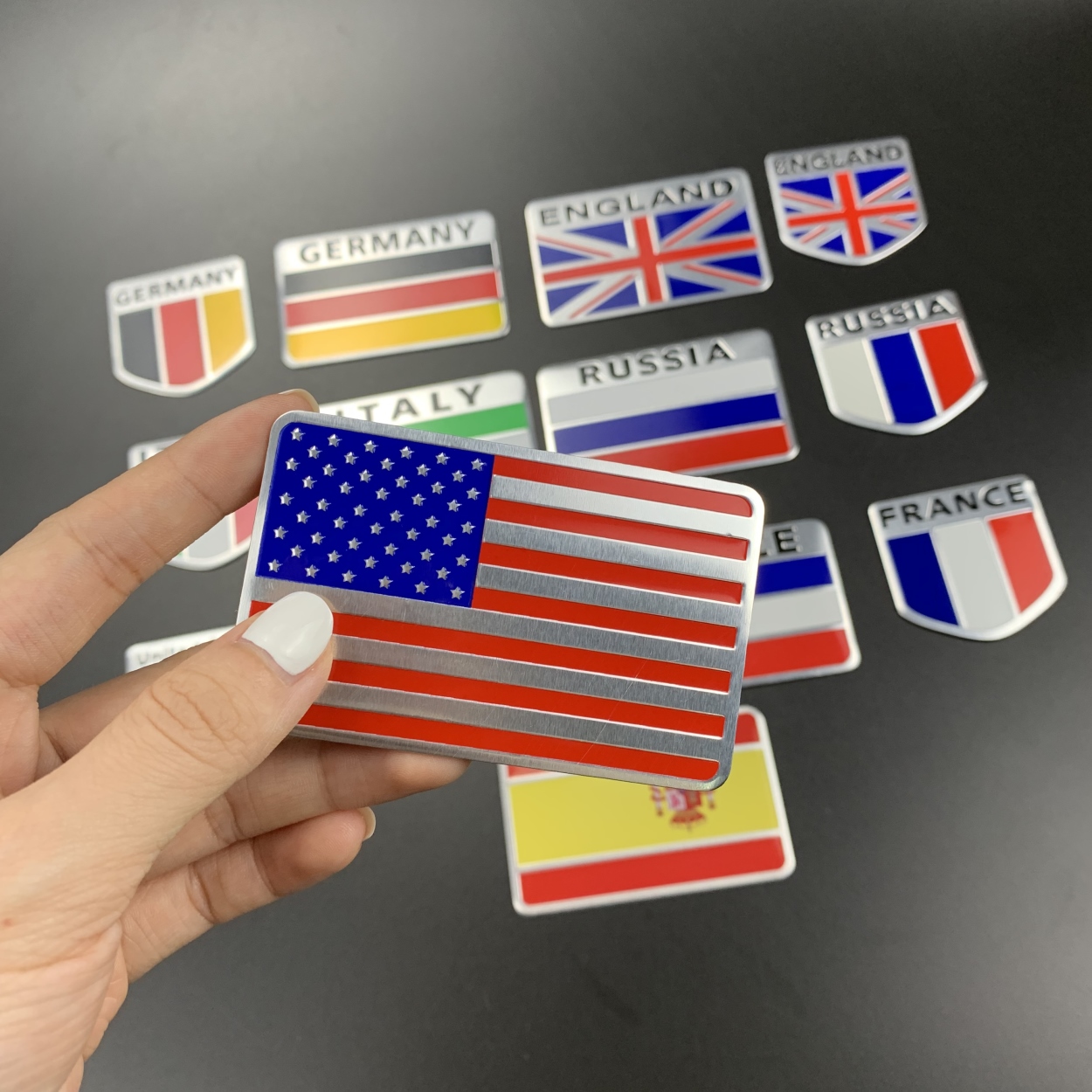 ☋✗ Universal 3D Aluminum USA Russia France Germany Italy UK Spain Flag Square Car Sticker Car Modeli