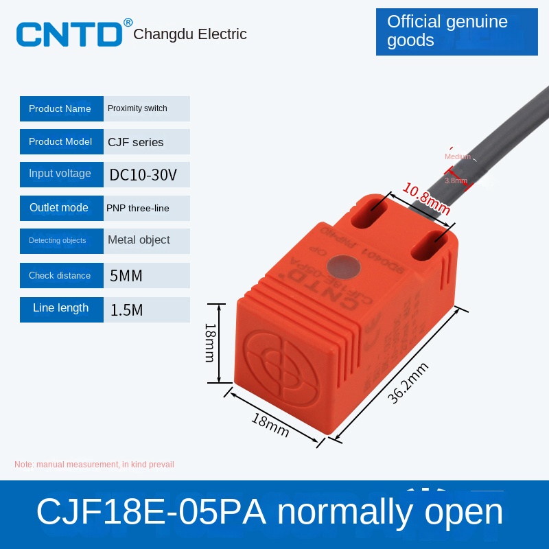 Cảm Biến Tiệm Cận CJF18E-05PA CNTD | Tùy Chọn CJF17E-05NA/NB/PA/PB/LA - PNP, 3 Dây DC, Phát Hiện Kim Loại 5-15mm, Bảo Vệ Sóng Xung