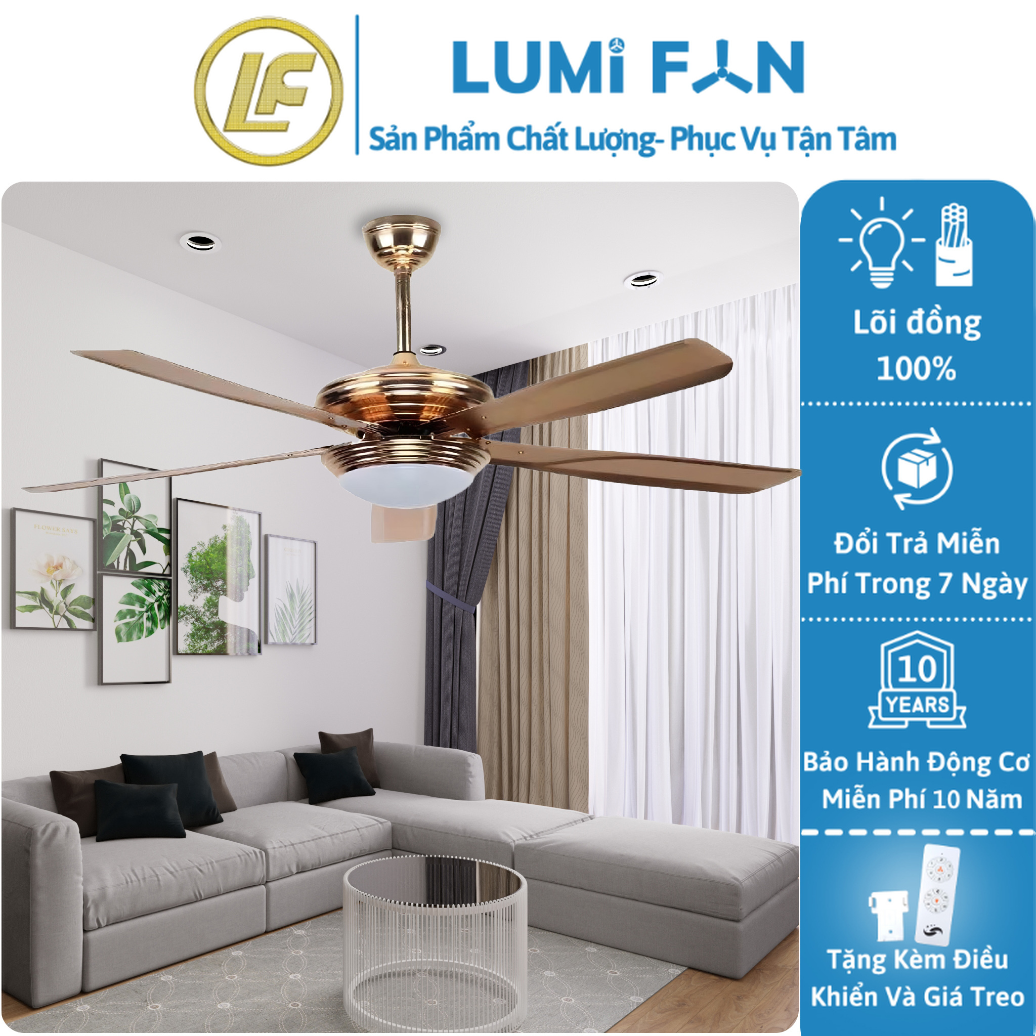Quạt đèn trần trang trí lumifan, sải cánh 140cm, quạt trần đèn decor, quạt trần trang trí, bh 10 năm, mã 666-1sjt