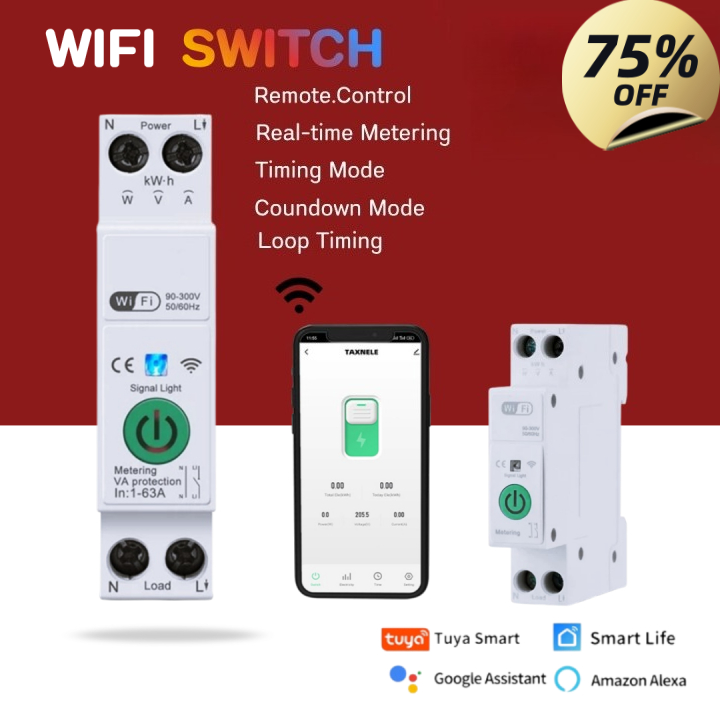 1P+N 63A Wifi Smart Circuit Breaker Smart Timer Relay by Smart Home Compatible with Alexa Google Smart Circuit Breaker Wifi Switch by App Smart Power Switch Kwh Meter Measures Voltage Monitoring Protection Circuit Breaker ราคา 263 บาท*ส่งฟรี