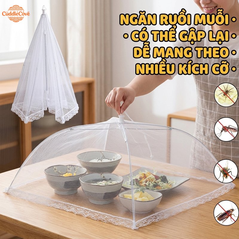 CuddleCove lồng bàn lưới chống ruồi vuông gấp gọn màu trắng tháo rời giặt được dùng bàn ăn bếp gia đình