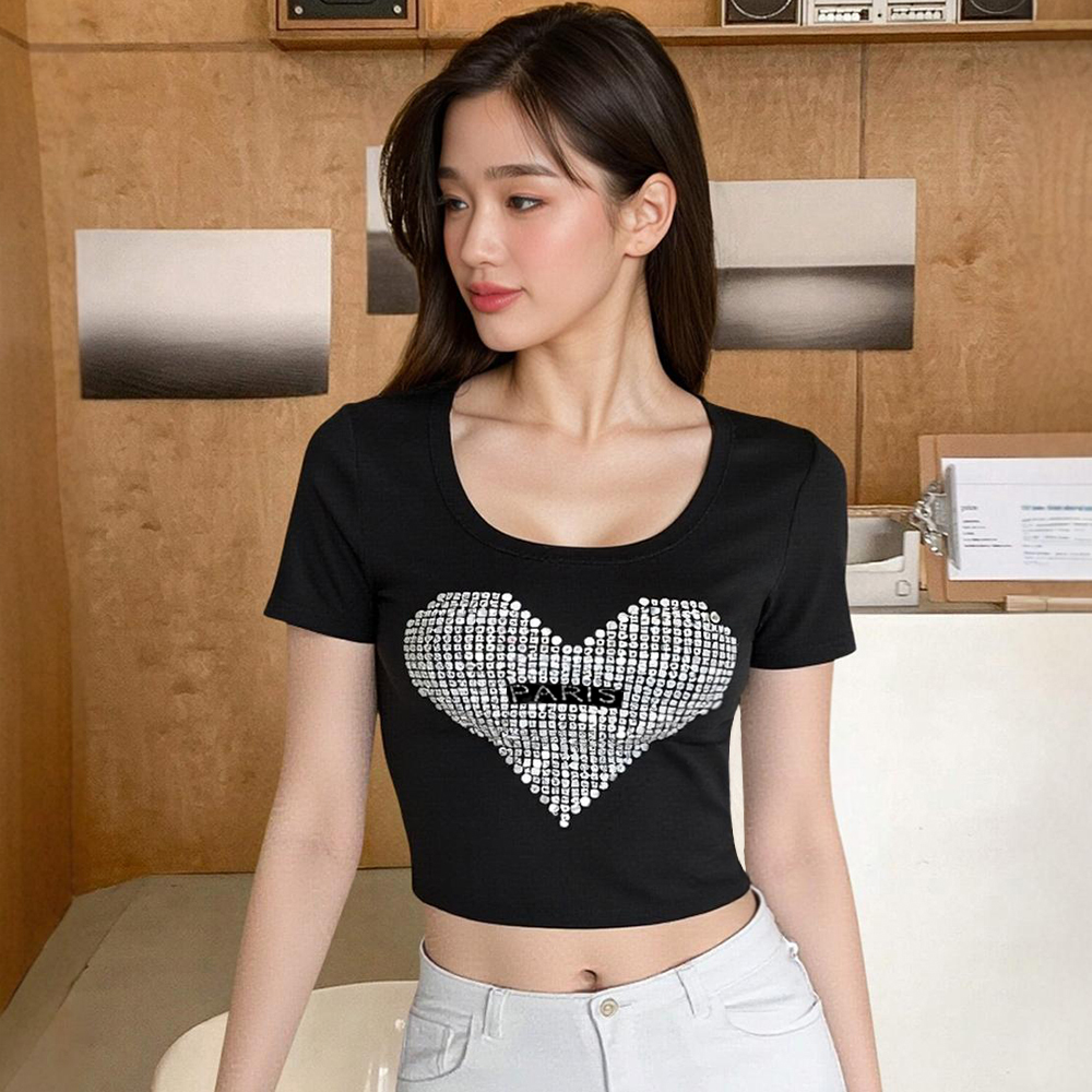 BRANCHÉ เสื้อยืดสำหรับผู้หญิงฤดูร้อนแฟชั่นเกาหลีสบายตัดรักเลื่อมแขนสั้นคอกลมทุกวันเสื้อยืด B250325 ราคา 110 บาท*ส่งฟรี